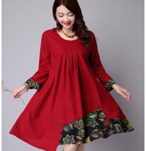 Orange red navy blue irregular  hem floral vintage fashion  linen cotton women's ladies female spring Autumn winter patchwork round neck loose long length dresses tops vestidos